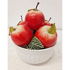 Vintage Subtil Portugal Ceramic Red Apple in White Bowl Figural Art Table Decor